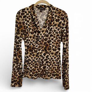 Karen Kane Cheetah Black Brown Long Sleeve V Neck Blouse Top Jersey Knit